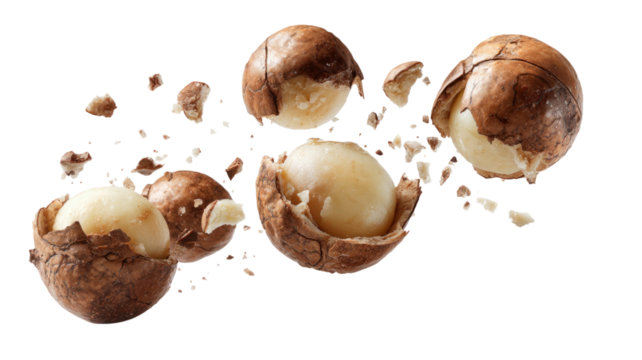 Cracked macadamia nuts with brown shells and creamy kernels showing healthy organic food ingredient isolated on white background