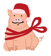 Cute Cartoon Pig in Santa Hat Wrapped with Red Christmas Ribbon