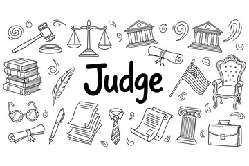Judge themed doodle illustration with gavel, scales, and legal symbols