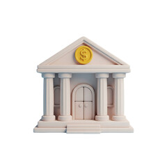 Obraz premium 3D Clay Style Cartoon Bank Building With Pillars And Dollar Symbol On Pastel Blue Background PNG