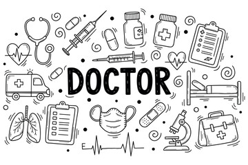 Medical doodle illustration featuring doctor and healthcare symbols