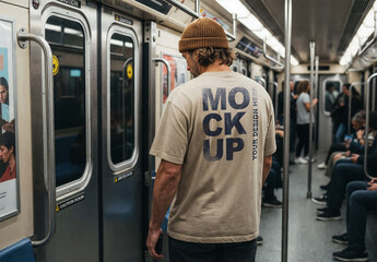 Man Back View in Subway Car T-Shirt Mockup Template
