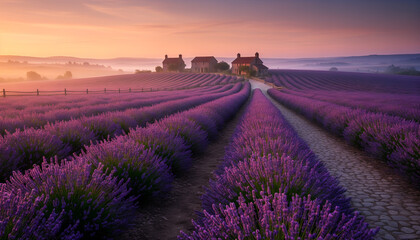 Obraz premium Field of lavender flowers at sunset. AI-generated
