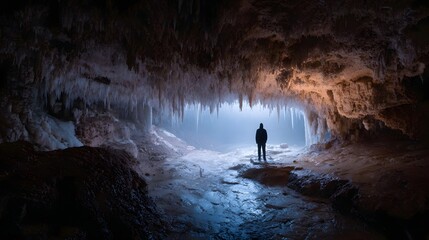 Obraz premium A lone traveler stands in awe within a vast illuminated cave featuring dramatic rock formations and a soft ethereal glow from the entrance