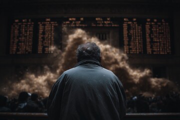 Obraz premium Man in dark coat stands before a bustling stock exchange, observing the dynamic market activity and digital displays, capturing the essence of financial trading and investment