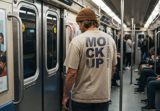 Man Back View in Subway Car T-Shirt Mockup Template