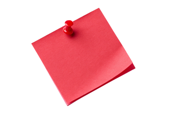 Single red sticky note with red push pin on white background, minimalist office supply for quick notes and message posting, isolated on a transparent background