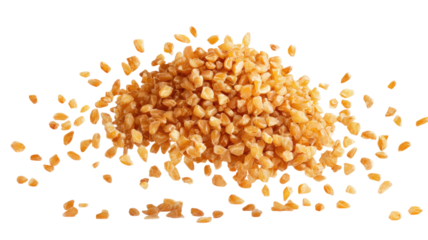 Bulgur grains levitate in air with golden texture showing organic whole grain cereal and healthy food ingredient isolated on white background
