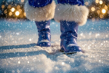 Santa's shins in blue boots with white fur, walking in sparkling snow against a yellow bokeh background