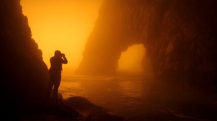 A lone photographer silhouetted against a golden foggy sky captures a dramatic sea archway and ocean waves
