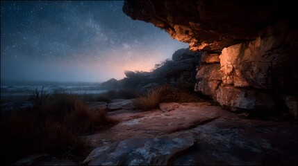A rocky cave entrance overlooks a misty landscape under a starry night sky with warm light