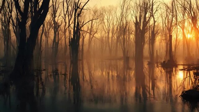 Sunset over a foggy swamp with leafless trees standing in water, their silhouettes mirrored on the still surface.