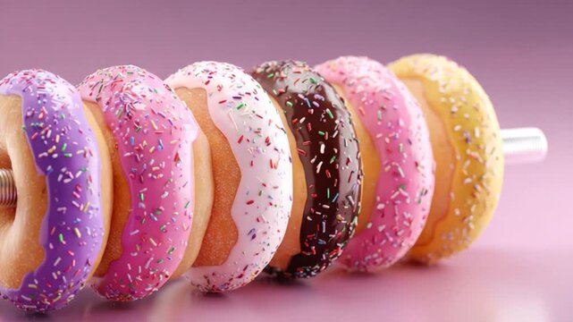 A series of colorful donuts, each with different frosting and sprinkles, impaled on a metal rod