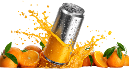 Refreshing orange soda can splashing into liquid with oranges isolated on transparent background