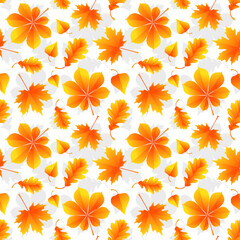 Obraz premium Beautiful random gold autumn leaves on a white background. Seamless pattern, print, wallpaper, vector illustration