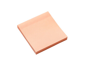 Coral-pink sticky note pad with slight curl on bottom edge, positioned at angle showing depth and texture of adhesive paper stack, isolated on a transparent background