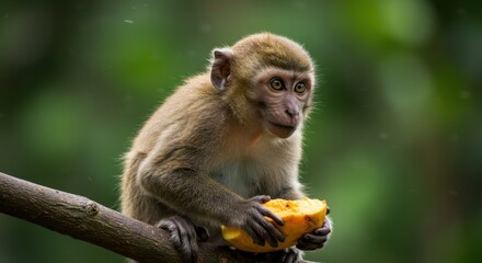Fototapeta premium Curious Monkey Sitting On Tree With Fruits 