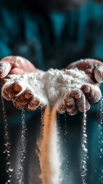 A person is holding a bag of flour and it is blowing in the air. Concept of messiness and chaos, as the flour is being scattered everywhere. The person's hands are covered in flour