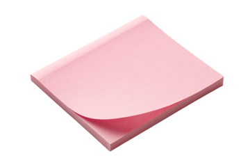 Pink sticky note pad stack showing multiple sheets with curved corner and darker edge detail on white isolated background, isolated on a transparent background