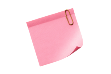 Pink sticky note with gold paperclip attached at corner showing slight curl and darker bottom edge on white background, isolated on a transparent background