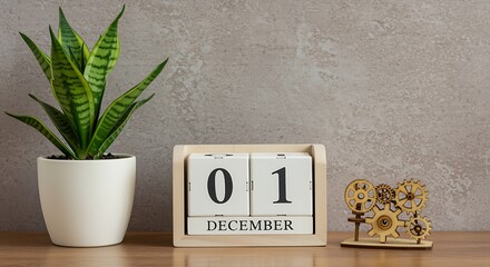 Wooden perpetual calendar showing december 1st next to a potted snake plant