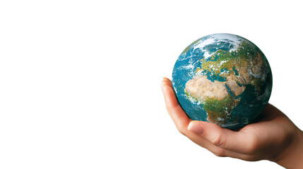 Hand holding a glowing earth globe with continents and clouds isolated on transparent background