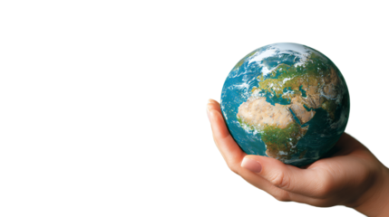 Hand holding a glowing earth globe with continents and clouds isolated on transparent background