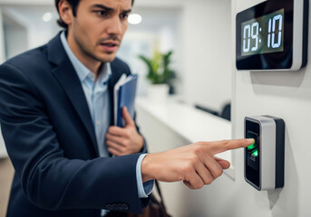 Late Arrival Dilemma: Office Worker’s Frustration at Biometric Check-In - A worried office worker scans his fingerprint at 09:10, realizing he’s late for work, expressing stress and urgency.