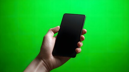 Human hand holds a dark screen mobile communication device against a bright green background