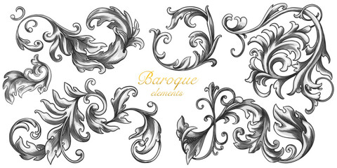 Vintage Baroque or renaissance hand drawn Victorian set of ornament floral elements engraved retro flower decorative design heraldic swirls. 