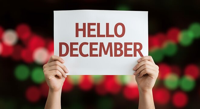 Person holding a sign that says hello december with bokeh lights