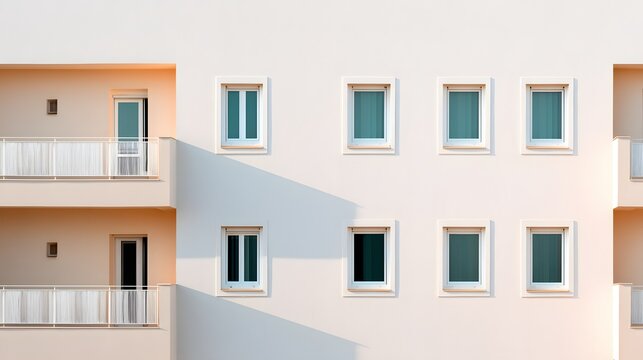 Repetitive pattern of recessed windows and balconies adorns the facade of a modern residential building