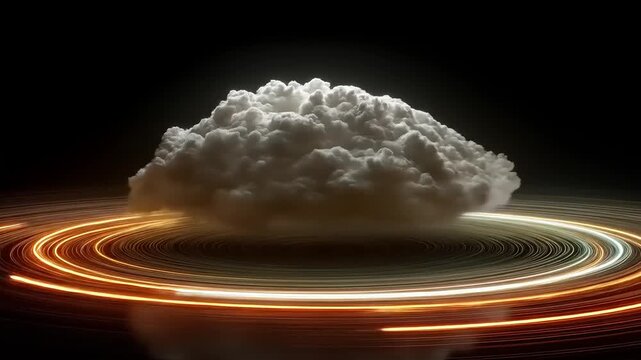 A large, fluffy cloud rests atop a vibrant, multi-hued ring system in a dark, futuristic setting.