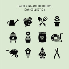 Collection of gardening and outdoor icons, including tools and elements for gardening.