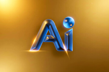 3D rendering of blue metallic capital letters AI (artificial intelligence) on a gold glow background