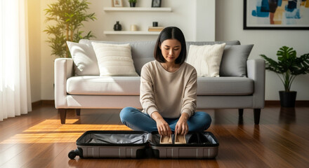 Woman packing bag with shoes on floor in bright living room, travel preparation and organization