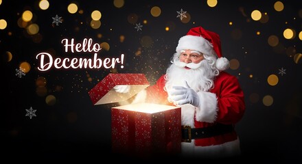 Hello december with santa claus opening a glowing gift box