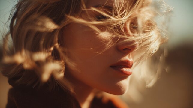 artistic portrait of a woman with windblown hair, cinematic lighting, soft focus