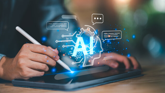 Artificial Intelligence Digital Art Creation Concept — Hand Using Stylus on Tablet with AI Hologram and Chat Interface