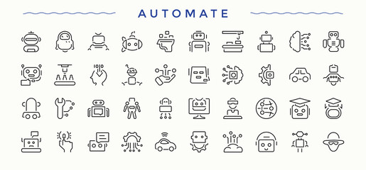 Automate icon set. Includes thin line symbols ai, car, technology, car and automation, auto, robot and more. Modern icons collection. Art and illustration. Automatic icon pack.
