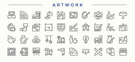 Artwork icon collection. Minimalist icons collection. Editable stroke. Vector illustration. Painting line icon set. Containing art, graphic, draw, artistic, digital, creativity and more.