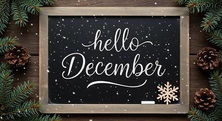 Chalkboard with hello december text and snowflake decoration