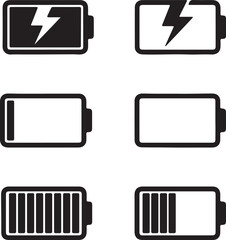 Set of battery charging icons showing different levels of power full to empty with lightning bolt symbol indicating energy charge