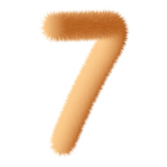 3d Fluffy number seven 7 soft furry font digit isolated on white background, playful design element for birthday, anniversary and other celebrations
