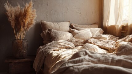 bedroom with linen bedding, warm soft light and natural textures, bohemian cozy atmosphere, peaceful home retreat
