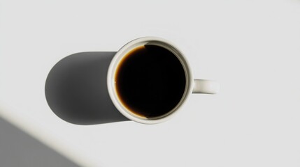 black coffee in white cup, top view, minimalistic composition, soft shadows, modern style, cozy and elegant, warm tones, clean background, inviting