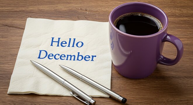 Hello december message on napkin with coffee cup and pens
