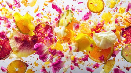 burst of tropical flowers and fruit slices in slow motion, bright yellows, oranges, and pinks, white background, vibrant and fresh