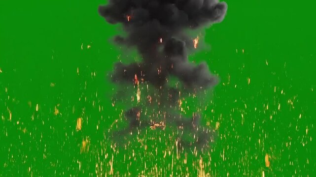 Spectacular explosion with vibrant fiery sparks against a green screen for visual effects and motion graphics projects, adding dynamic energy