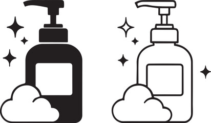 Foam soap dispenser bottle icons set bubbles sparkles cleanliness hygiene washing hand soap liquid dispenser pump clean